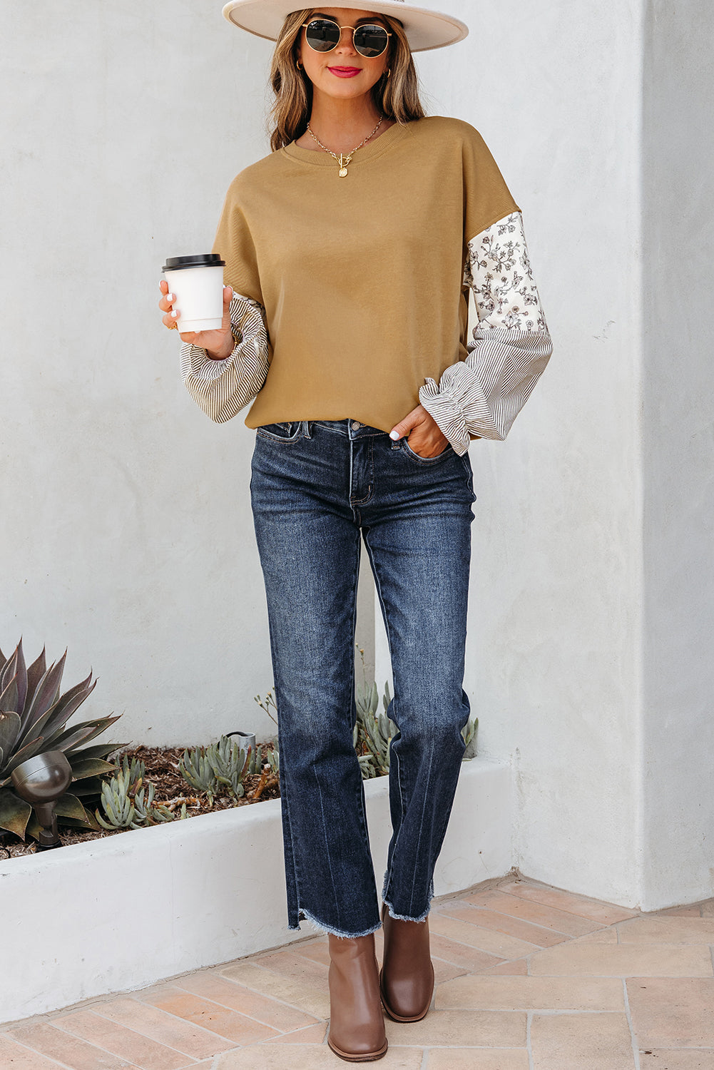 Threaded Pear Beazita Patchwork Ruffled Sleeve Sweatshirt