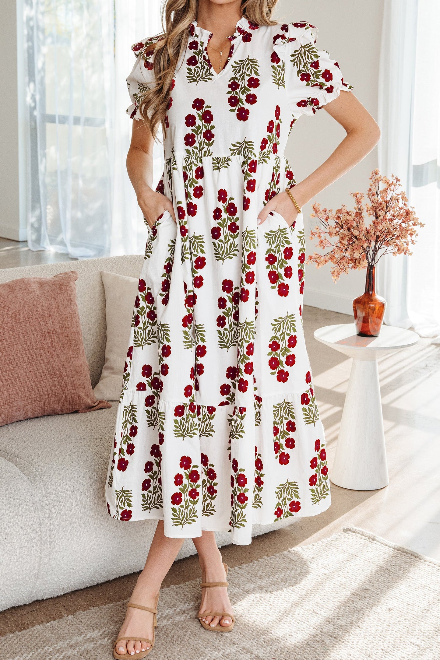 Threaded Pear Promise Sleeve Tiered Maxi Dress