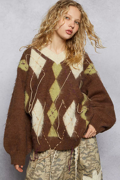 POL V-Neck Argyle Pattern Mohair Sweater with Contrast Exposed Stitch Detail