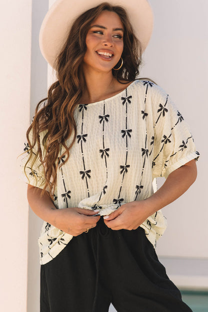 Threaded Pear Aviana Bow Print Puff Short Sleeve Top