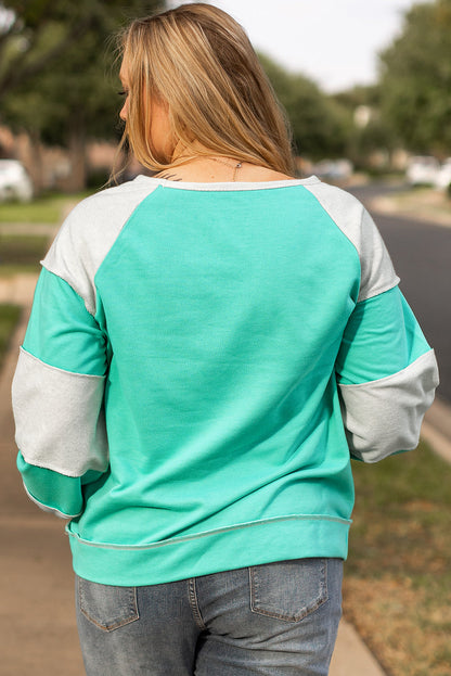 Threaded Pear Aruba Blue Colorblock Patchwork Cross Seam Plus Sweatshirt