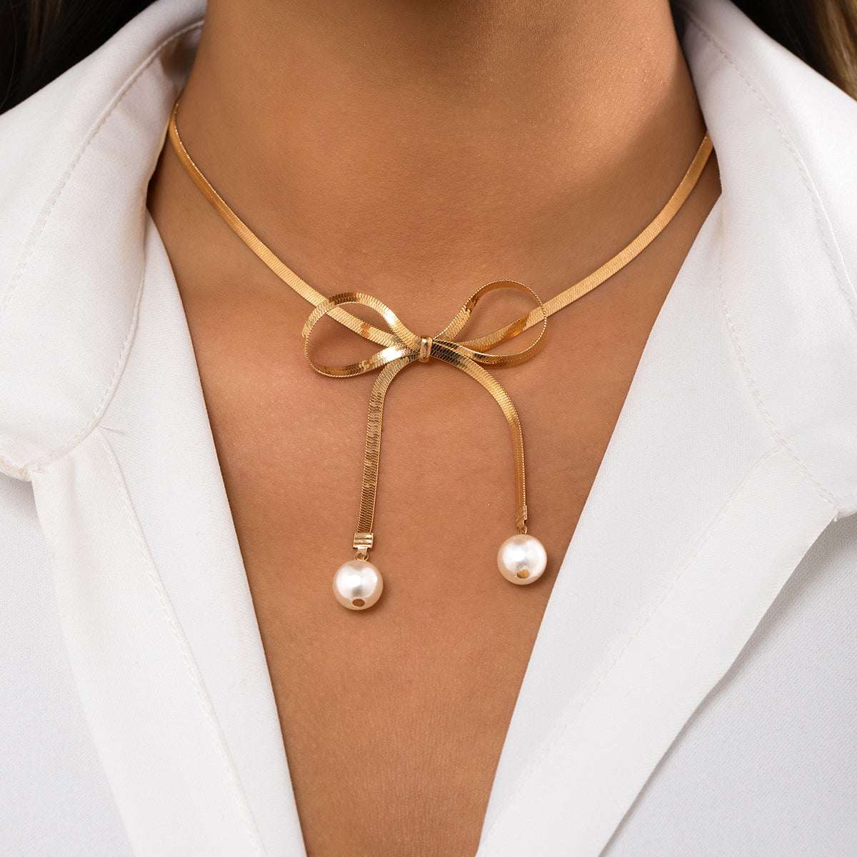 Pearl & Goldtone Bow Choker Necklace
