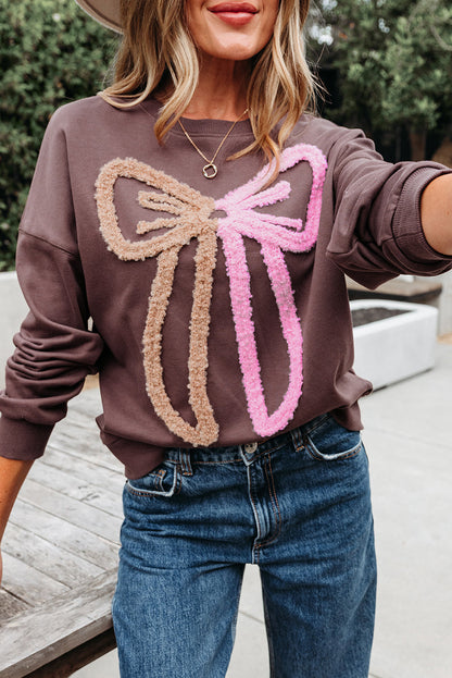 Threaded Pear Callie Terry Bow Pattern Drop Shoulder Sweatshirt