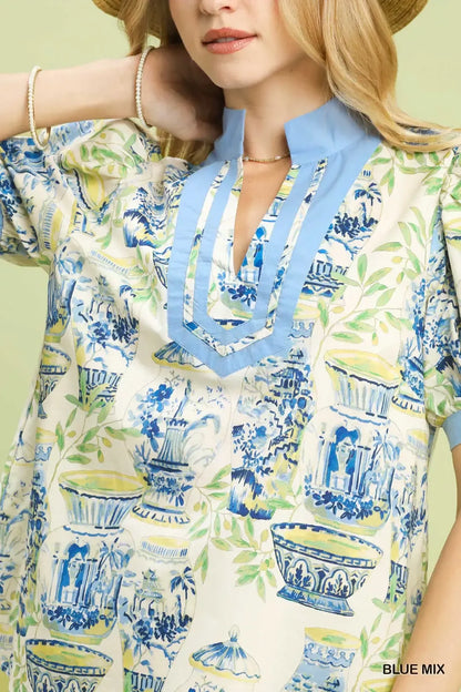 Umgee Abstract Print V-Neck Top in Blue Mix