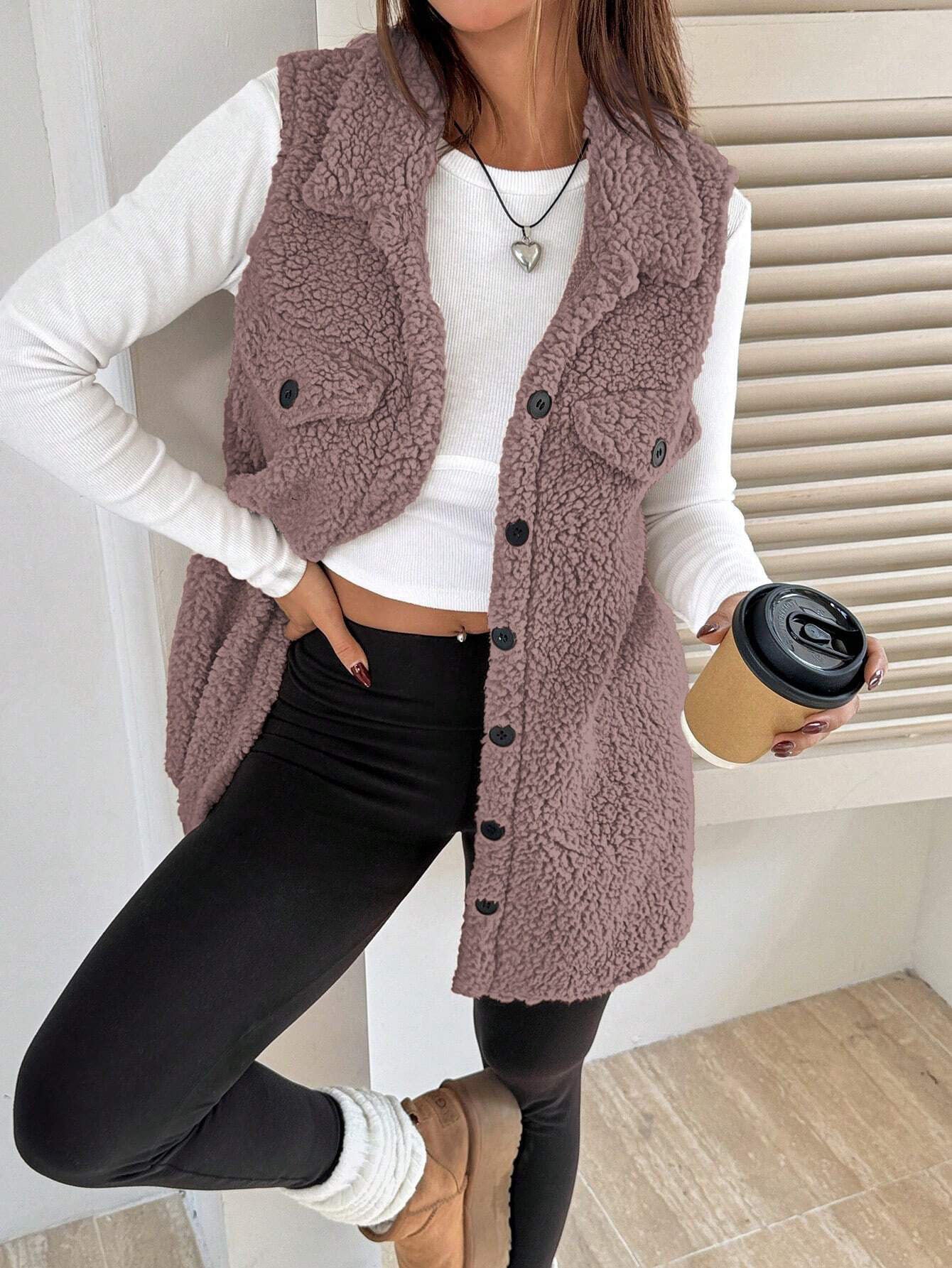 Wool-Like Sleeveless Vest with Lapel