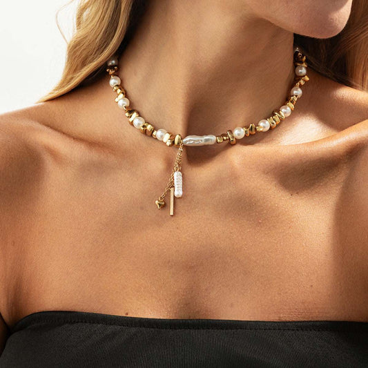 Baroque Pearl & Goldtone Bead Chain Heart Tassel Necklace