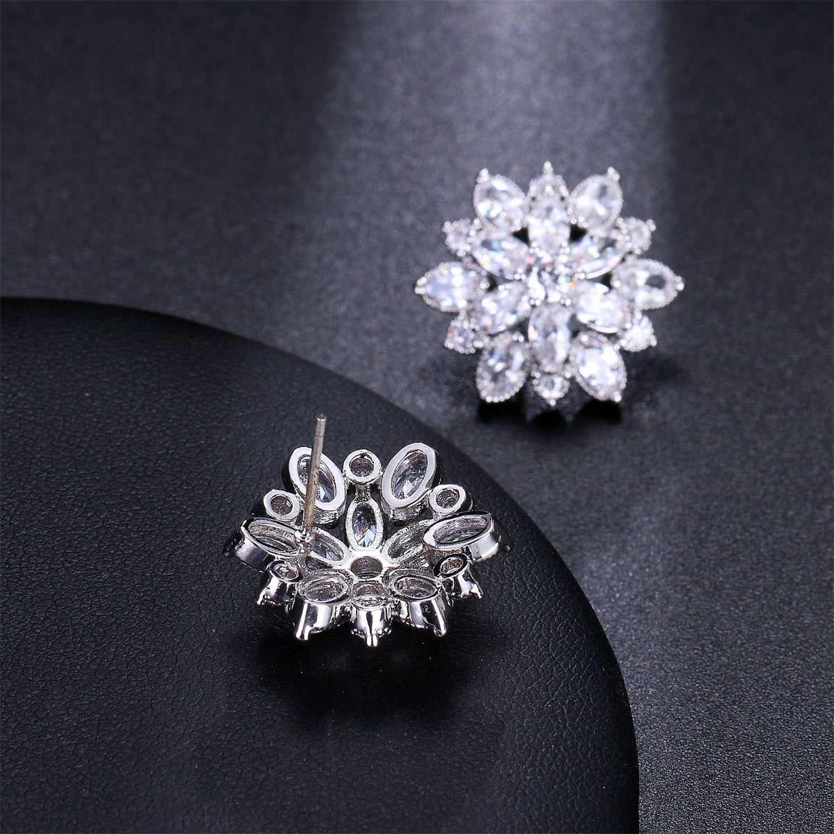 Crystal & Silvertone Flower Stud Earrings