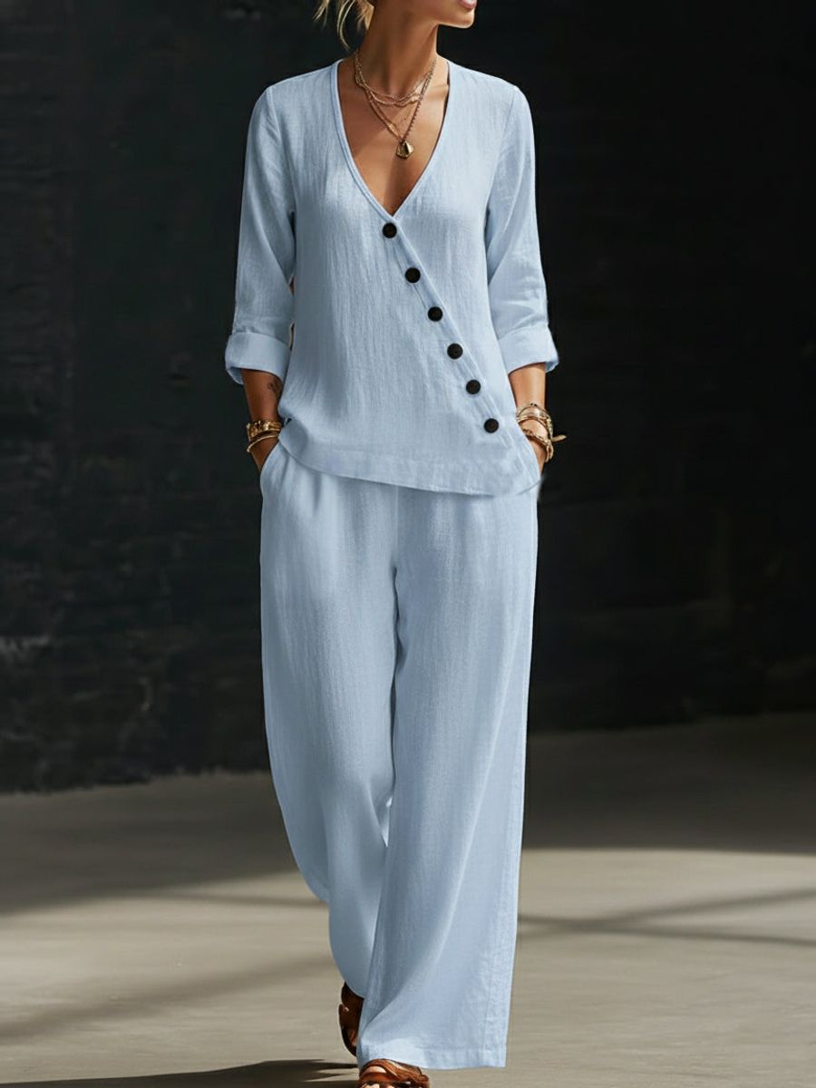 Women's V-Neck Diagonal Button Placket Cotton-Linen Shirt & Wide-Leg Pants Set