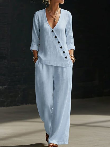 Women's V-Neck Diagonal Button Placket Cotton-Linen Shirt & Wide-Leg Pants Set