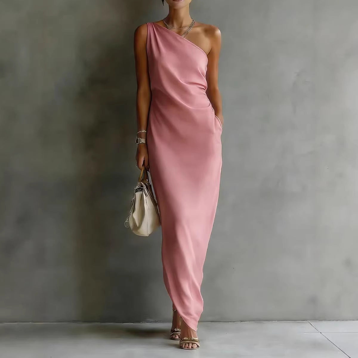 Women's Satin Off-Shoulder Slim-Fit Maxi Dress Pink / L Women's Satin Off-Shoulder Slim-Fit Maxi Dress Pink / L