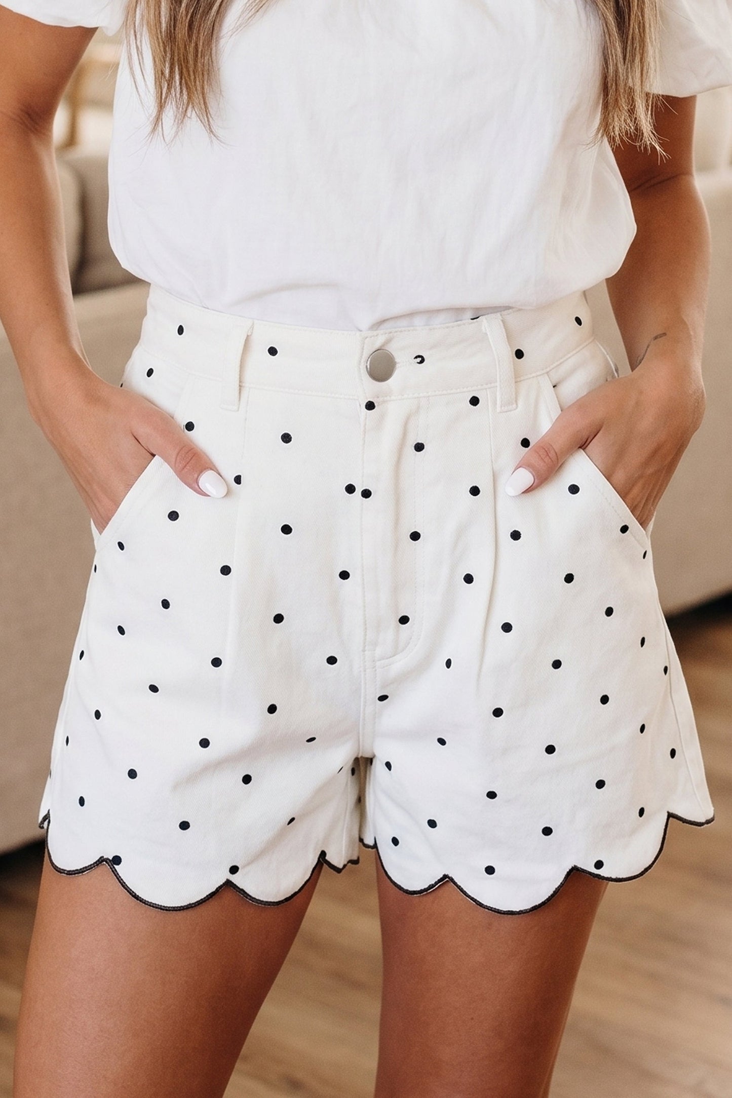 Threaded Pear Elise Embroidered Scallop Hem Shorts