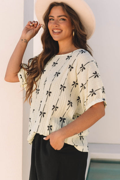 Aviana Bow Print Puff Short Sleeve Top - Threaded Pear