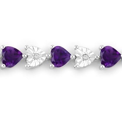 Heart Purple Amethyst & Diamond Prong Silver Tennis Bracelet