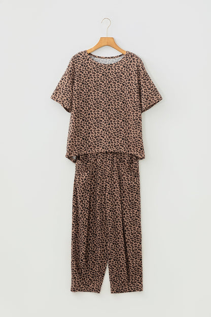 White Leopard High-Low Loose Tee Ankle Length Pants Set