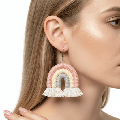 Pink Multi-Colored Yarn & Silvertone Rainbow Tassel Hook Earrings