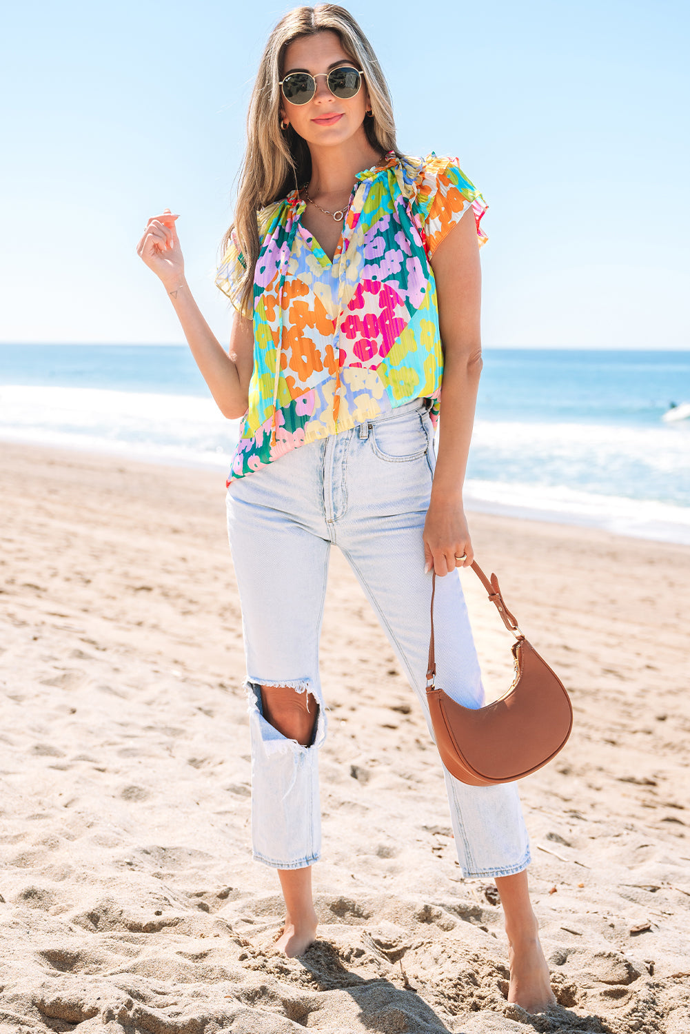 Threaded Pear Rosa Flutter Sleeve V Neck Crinkled Blouse