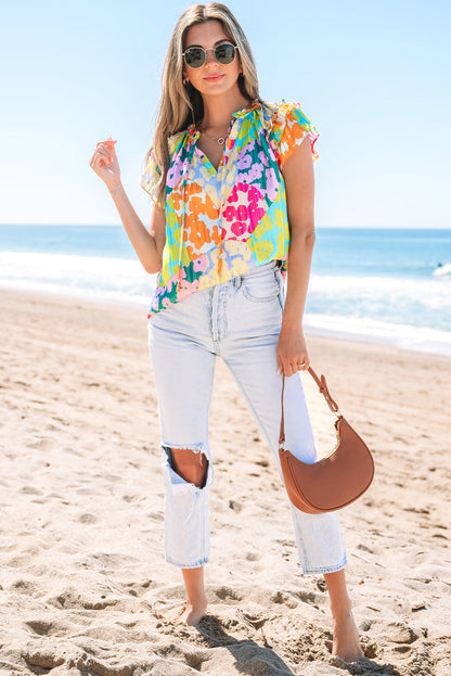 Threaded Pear Rosa Flutter Sleeve V Neck Crinkled Blouse