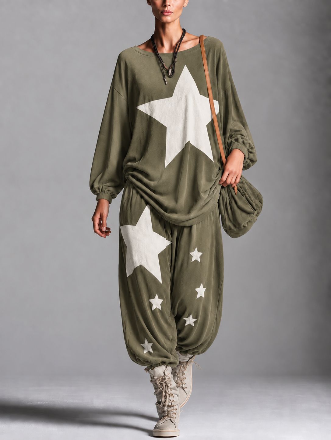 Women's Star Print Oversized Batwing Long-Sleeve Sweatshirt & Harem Balloon Trouser Set