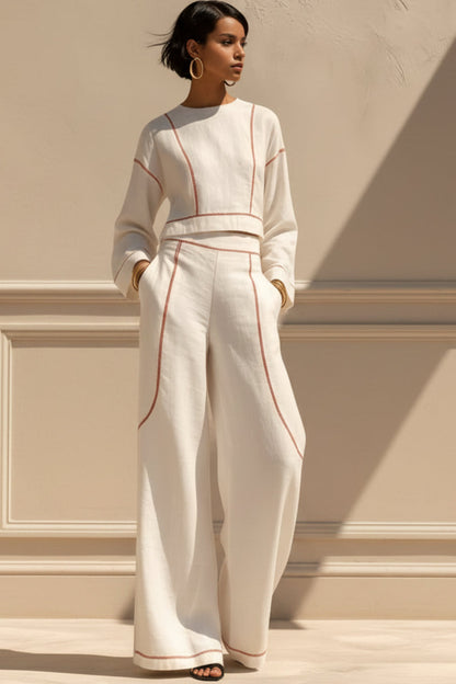Women's Cropped Long-Sleeve Top & Ultra-Wide Palazzo Pants Set