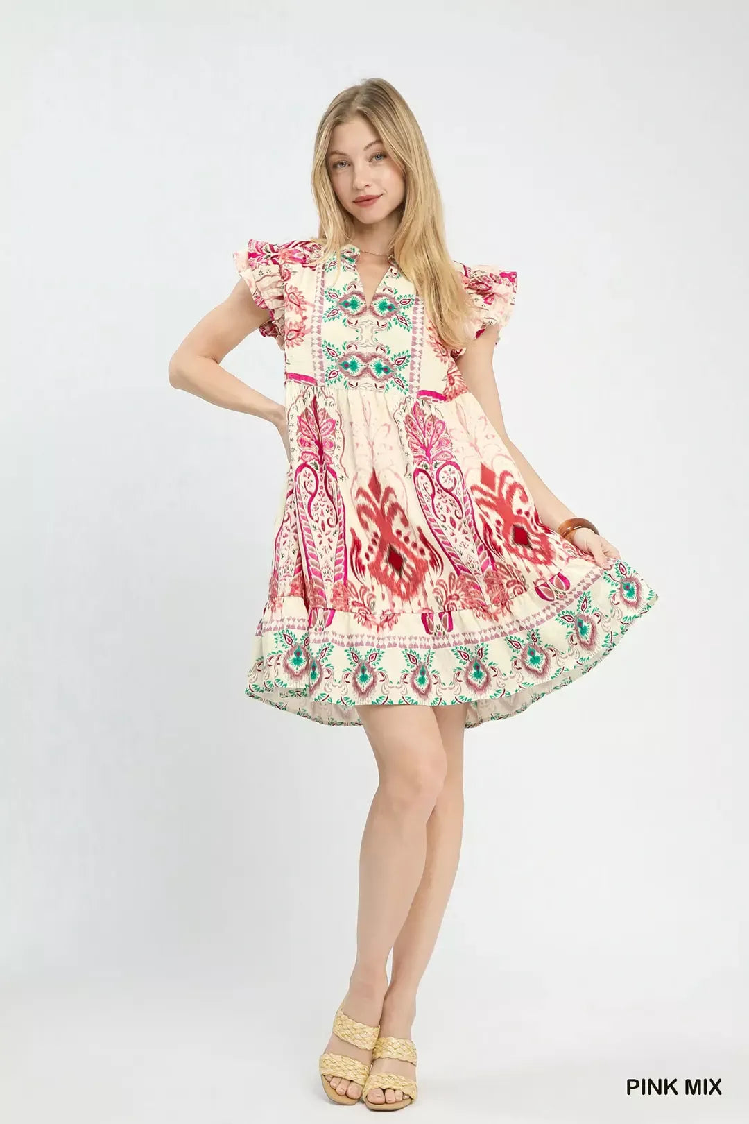 Umgee Mix Ruffle Sleeve Boho Print Dress