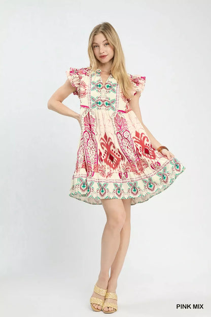 Umgee Mix Ruffle Sleeve Boho Print Dress