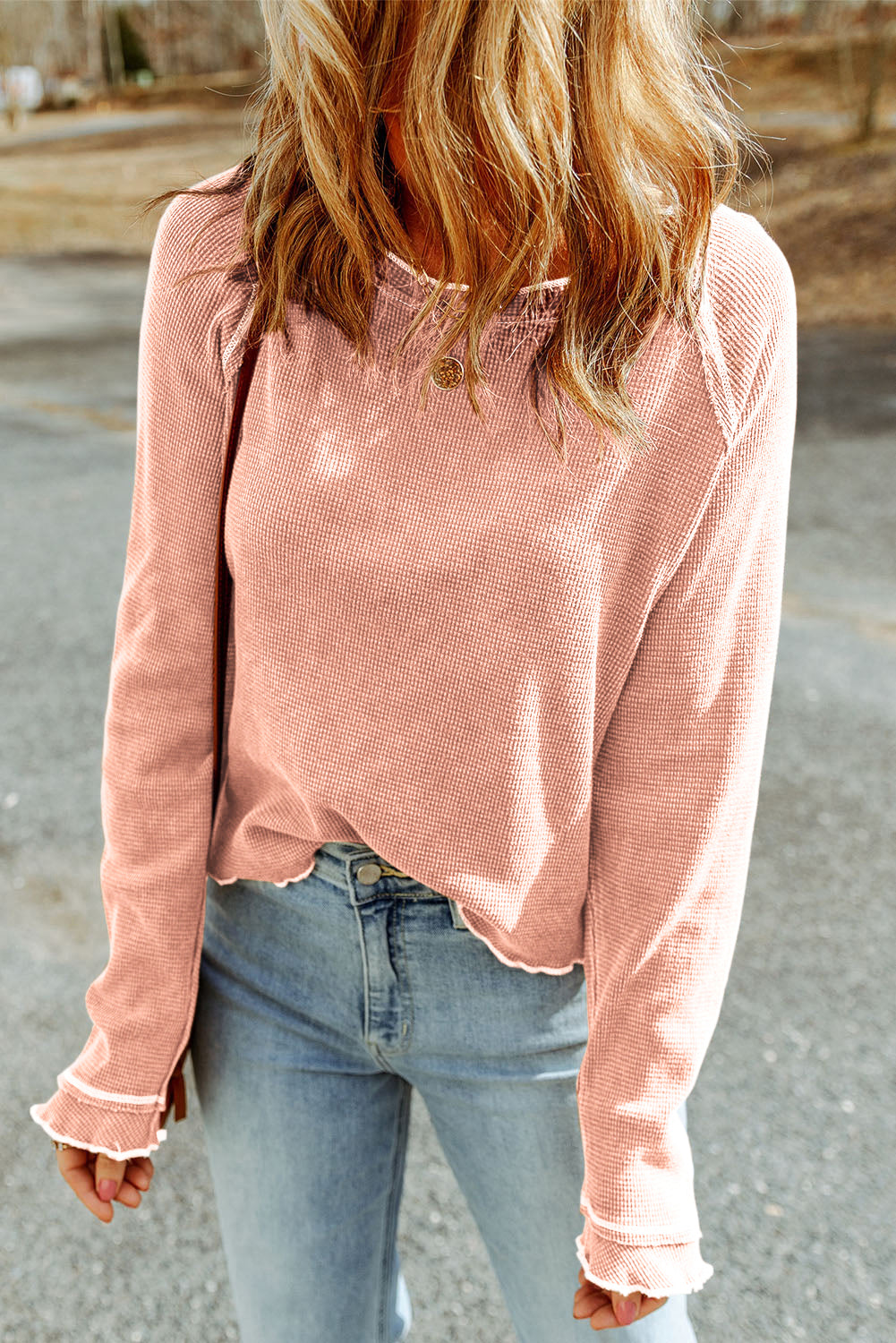 Threaded Pear Daisy Textured Round Neck Long Sleeve Top