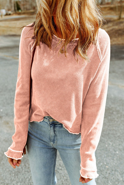 Threaded Pear Daisy Textured Round Neck Long Sleeve Top