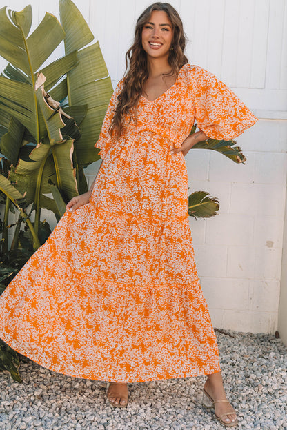 Threaded Pear Eileen Floral V Neck Wide Sleeve Maxi Dress