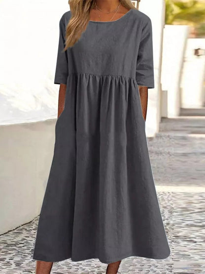 Plus Size Cotton Linen Midi Dress | Round Neck Pocket Dress