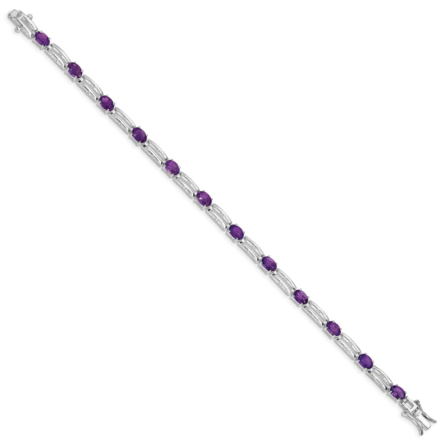 Oval Purple Amethyst Prong Rhodium Plated Sterling Silver Bar Link Bracelet