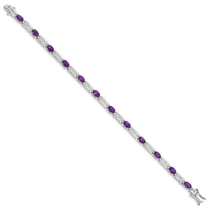 Oval Purple Amethyst Prong Rhodium Plated Sterling Silver Bar Link Bracelet