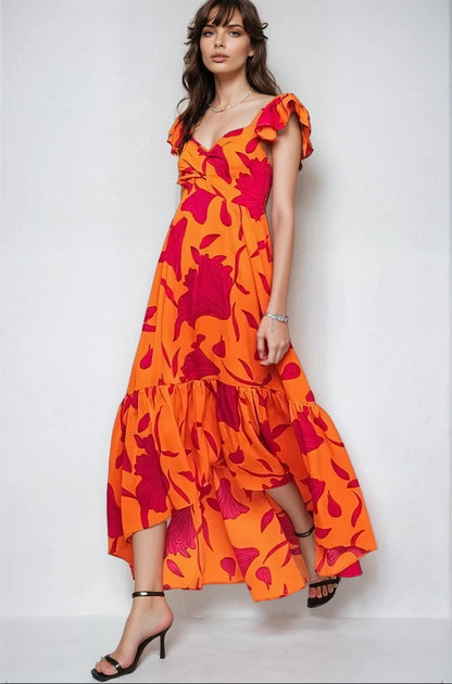 Vibrant Fire Floral High Low Maxi Dress
