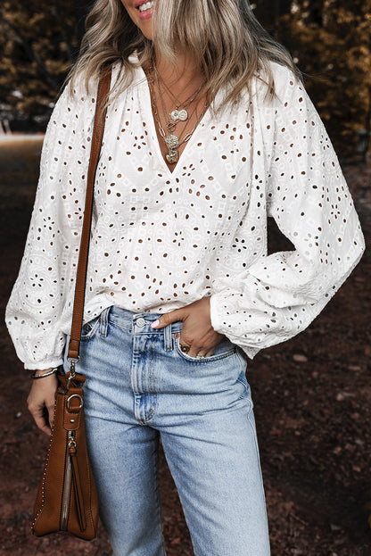 Threaded Pear Paige Eyelet Embroidered Puff Sleeve Blouse