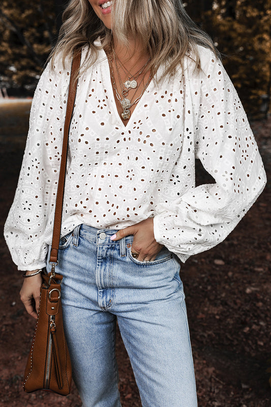 Threaded Pear Paige Eyelet Embroidered Puff Sleeve Blouse