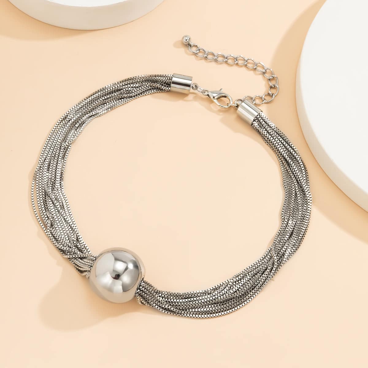 Silvertone Multi-Chain Ball Pendant Statement Necklace