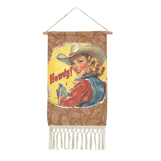 Howdy Vintage Cowgirl Western Wall Decor Linen Hanging Poster with Fringe Made in America