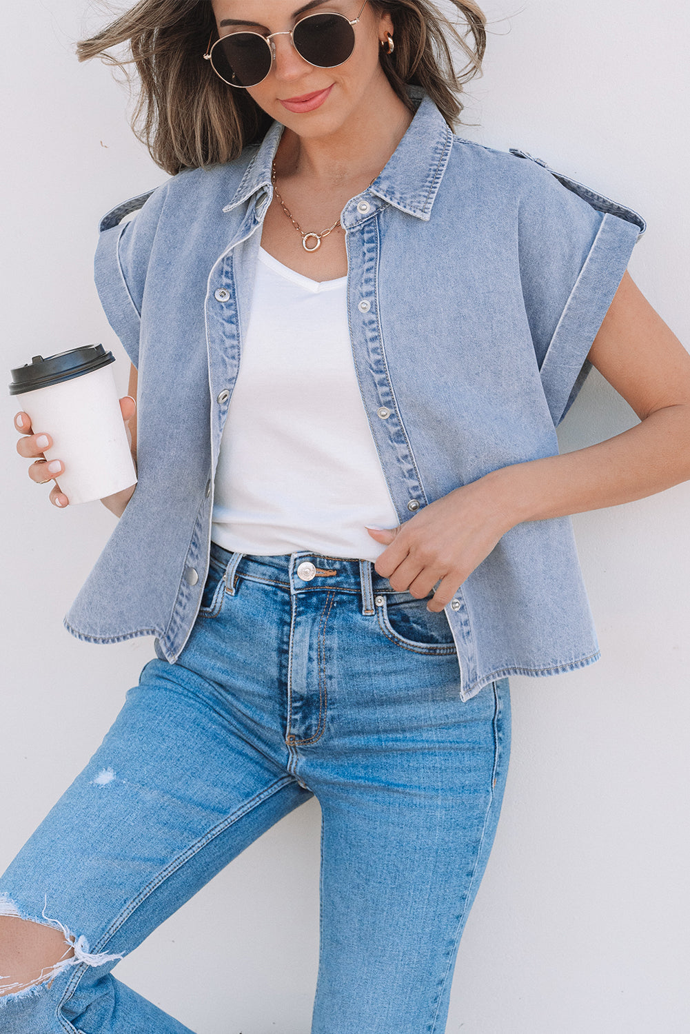 Threaded Pear Emelia Denim Pinup Folded Cap Sleeve Shirt