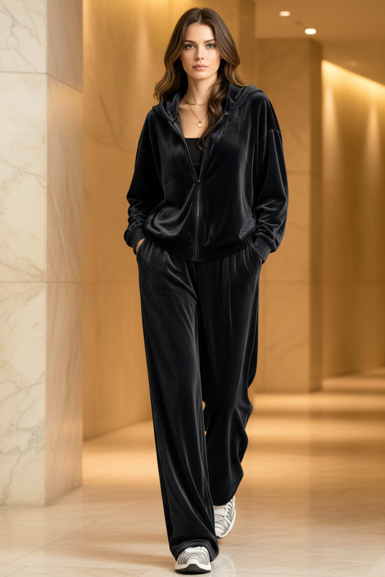 Women's Velvet Zip-Up Hoodie & Wide-Leg Pants Set – Zulily