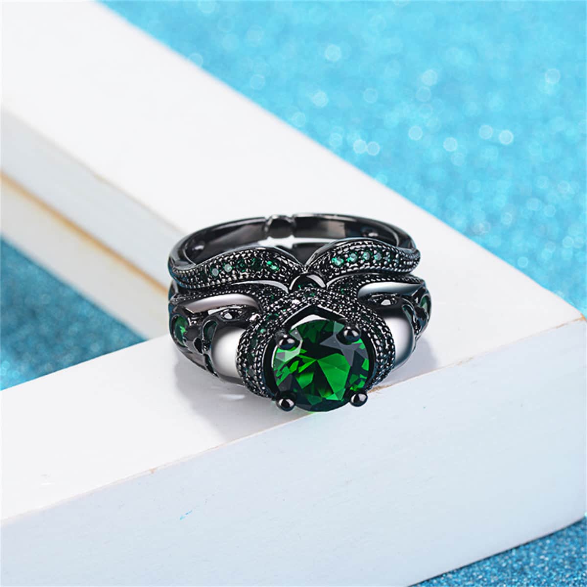 Green Crystal & Cubic Zirconia Skull Heart Ring Set-1