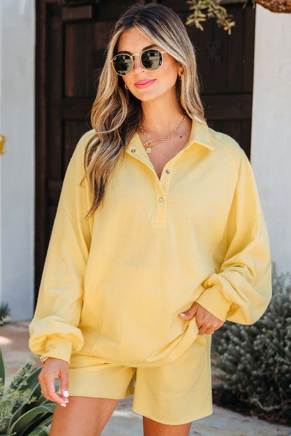 Threaded Pear Kylie Button Collar Drop Shoulder Pullover and Shorts 2pcs Outfit