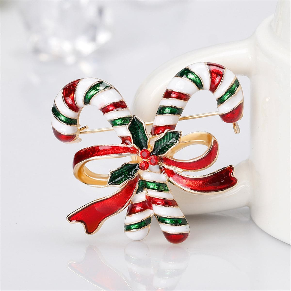 Red & Goldtone Bow & Double Candy Cane Crutch Brooch