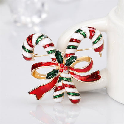 Red & Goldtone Bow & Double Candy Cane Crutch Brooch