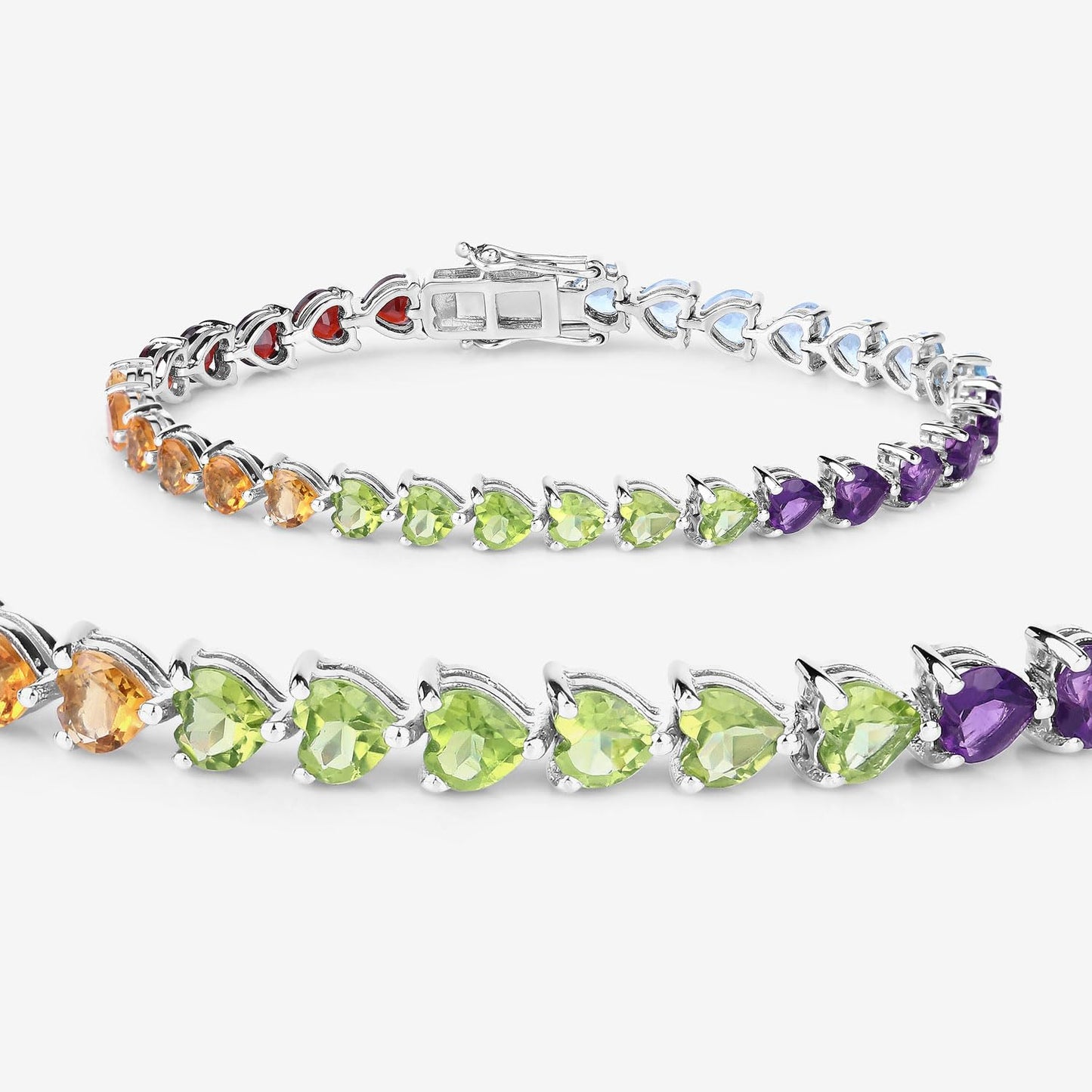 Heart Multi Birthstone Prong Silver Box Clasp Tennis Bracelet