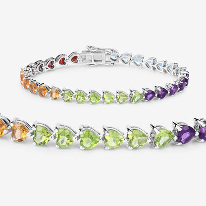 Heart Multi Birthstone Prong Silver Box Clasp Tennis Bracelet