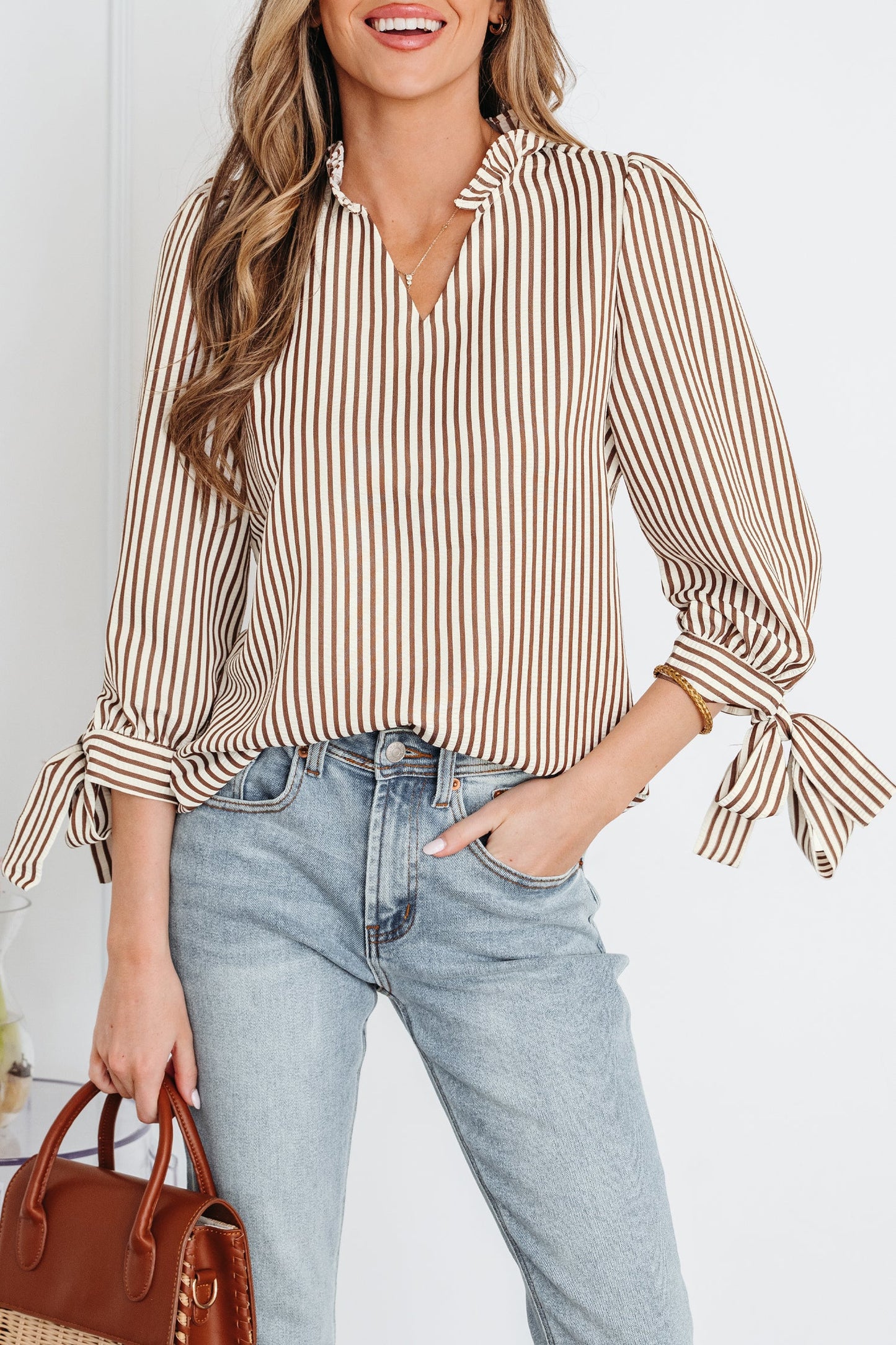 Threaded Pear Blair Tied Cuffs Seersucker Blouse
