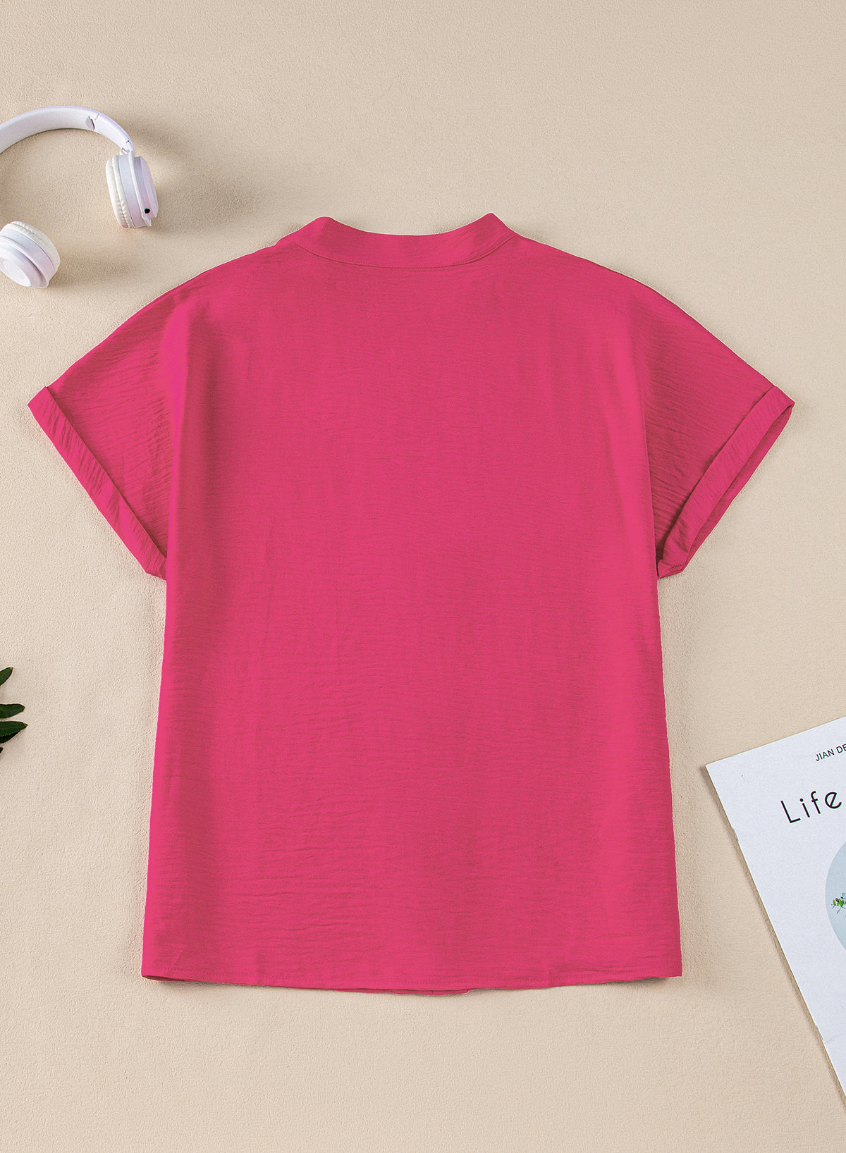 Threaded Pear Lilla Notched Neck Batwing Sleeve Lightweight Blouse