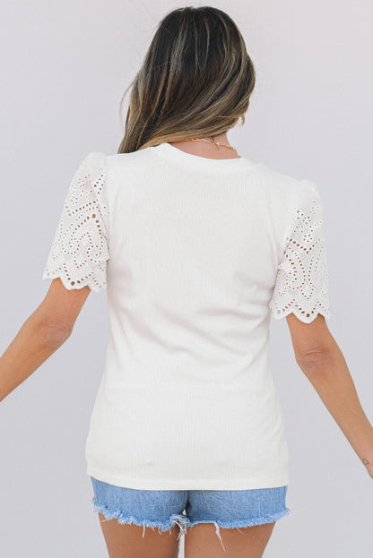 Threaded Pear Kora Eyelet Pattern Short Sleeve Top