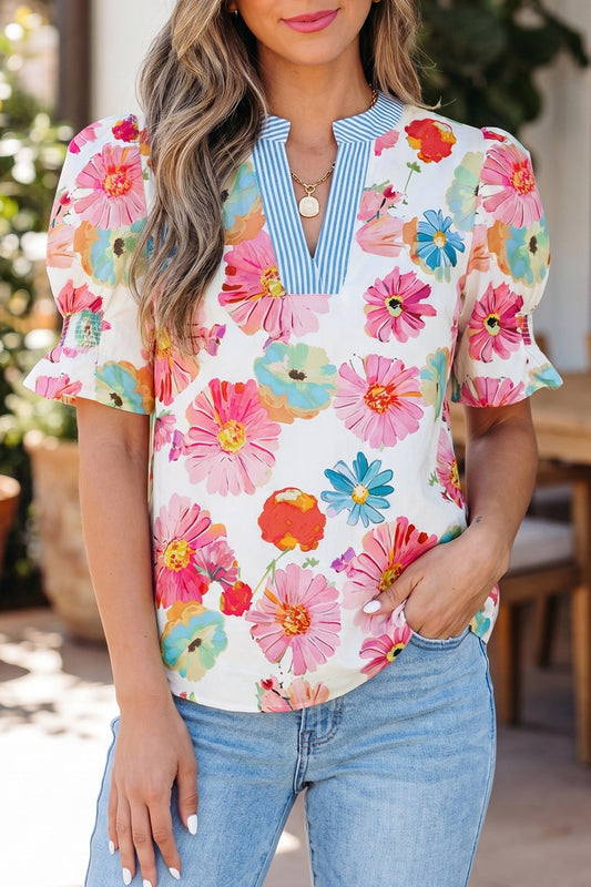 Threaded Pear Alma Sleeve Striped Trim Blouse