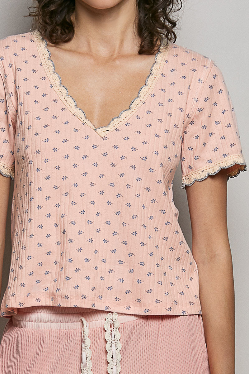 POL Floral V-Neck Short Sleeve Rib T-Shirt in Pink
