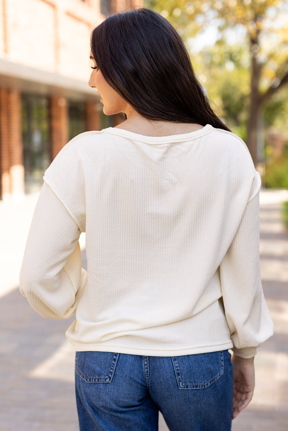 Threaded Pear Ember Exposed Seam Knit Patchwork Top